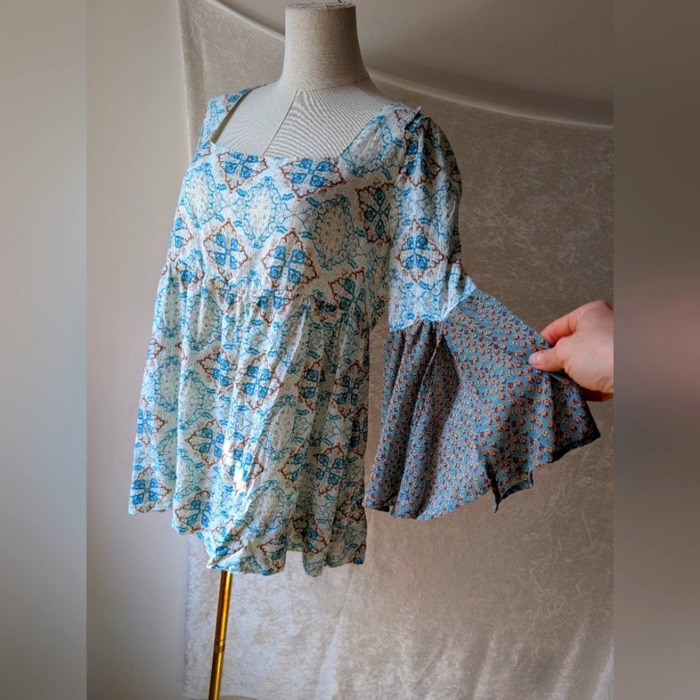 Umgee Baby Doll Paisley Boho Tunic Dress USA  Bell Sleeve Blouse Large